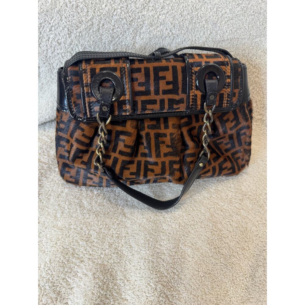 Vintage Fendi Zucca Monogram Baguette Bag Brown Canvas Black Leather Shoulder - Picture 7 of 16